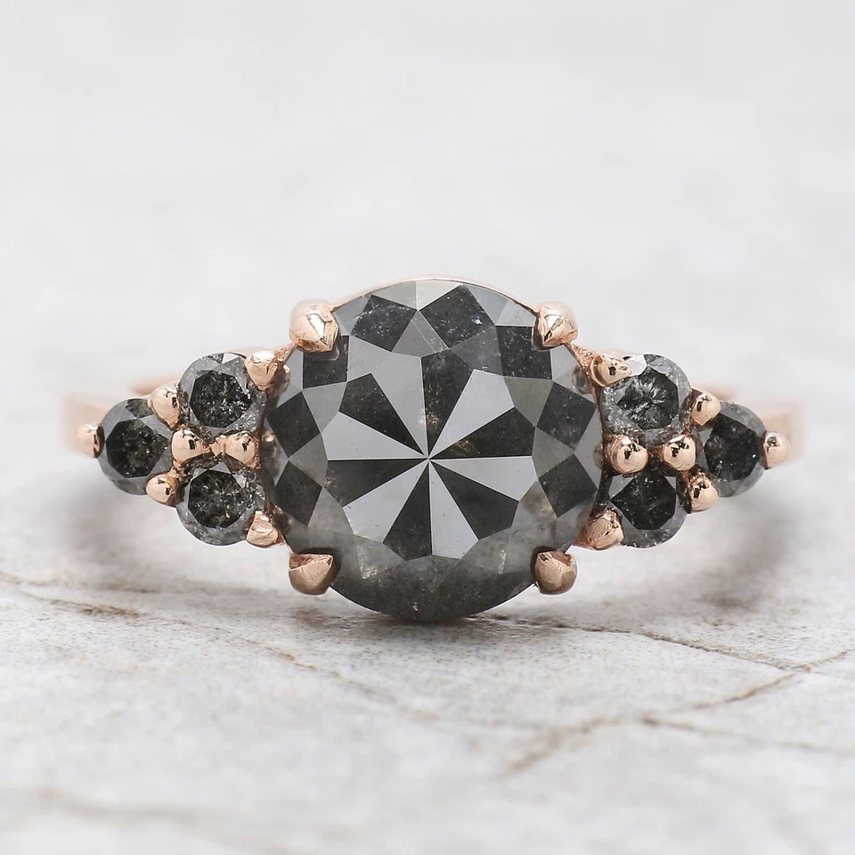 2.69 Ct Rose Cut Salt And Pepper Diamond Ring 14K Rose Gold Engagement Gift Ring - Image 1 of 4