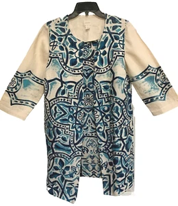 CHICO'S Jacket - Ivory Linen, 3/4 Sleeve, Blue Batik Design Size 1, 8-10 - Picture 1 of 10