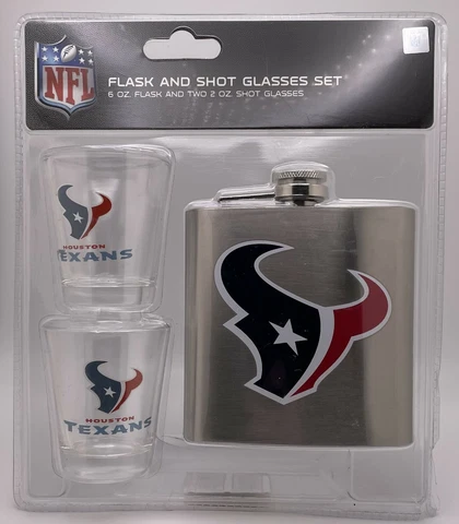 NFL Houston Texans Shot Glasses & Brushed Stainless Steel Flask Set Cover