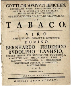Tobacco 1756 OBSERVATIONES SELECTAE CRIMINALES DE TABACO by GOTTLOB JENICHEN - Foto 1 di 1
