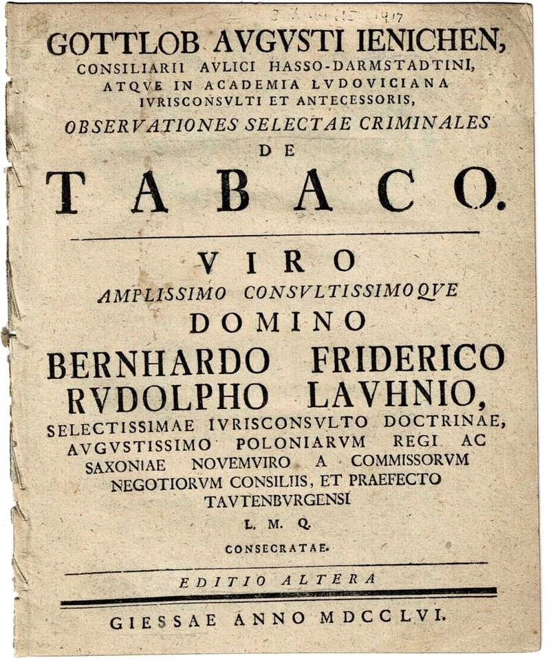 Tobacco 1756 OBSERVATIONES SELECTAE CRIMINALES DE TABACO by GOTTLOB JENICHEN - Image 1 of 1