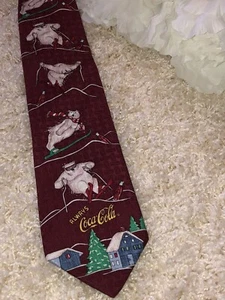 Coca Cola Polar Bear Winter Skiing  NOVELTY 100% Silk Mens Tie RED  55.5" L 4" W - Picture 1 of 3