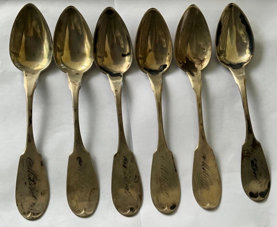 Lote de 6 Cucharas M.Michelson Moneda Plata 6” Set Madre In Script 1800’s 3.25 OZ Foto 1 de 4