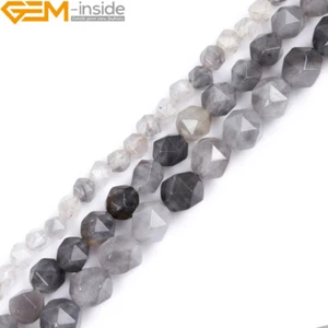 Faceted Polygonal Gray Cloudy Quartz Beads For Jewelry Making 15" Natural Stone - Picture 1 of 30