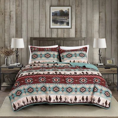 Dune 3-Piece Southwestern Cowboys Aztec Quilt Set - Multicolor Teal Brown Bei... - Image 1 of 4