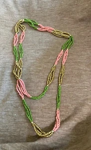 Triple Strand Seed Bead Necklace Peach Green Gold Tone C82-19 - Picture 1 of 2