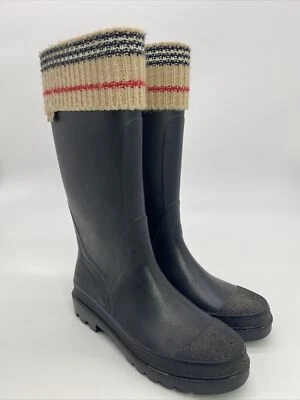 BOTAS DE LLUVIA BURBERRY KNIT TOP NOVA CHECK NEGRAS GOMA HASTA LA RODILLA MONTAR PARA MUJER 6,5 Foto 1 de 4