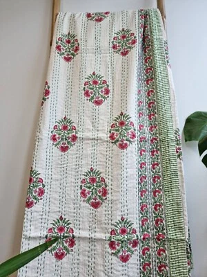 Indian Hand Block Print king Cotton Kantha Quilt Throw Blanket Bedspread - Image 1 of 4