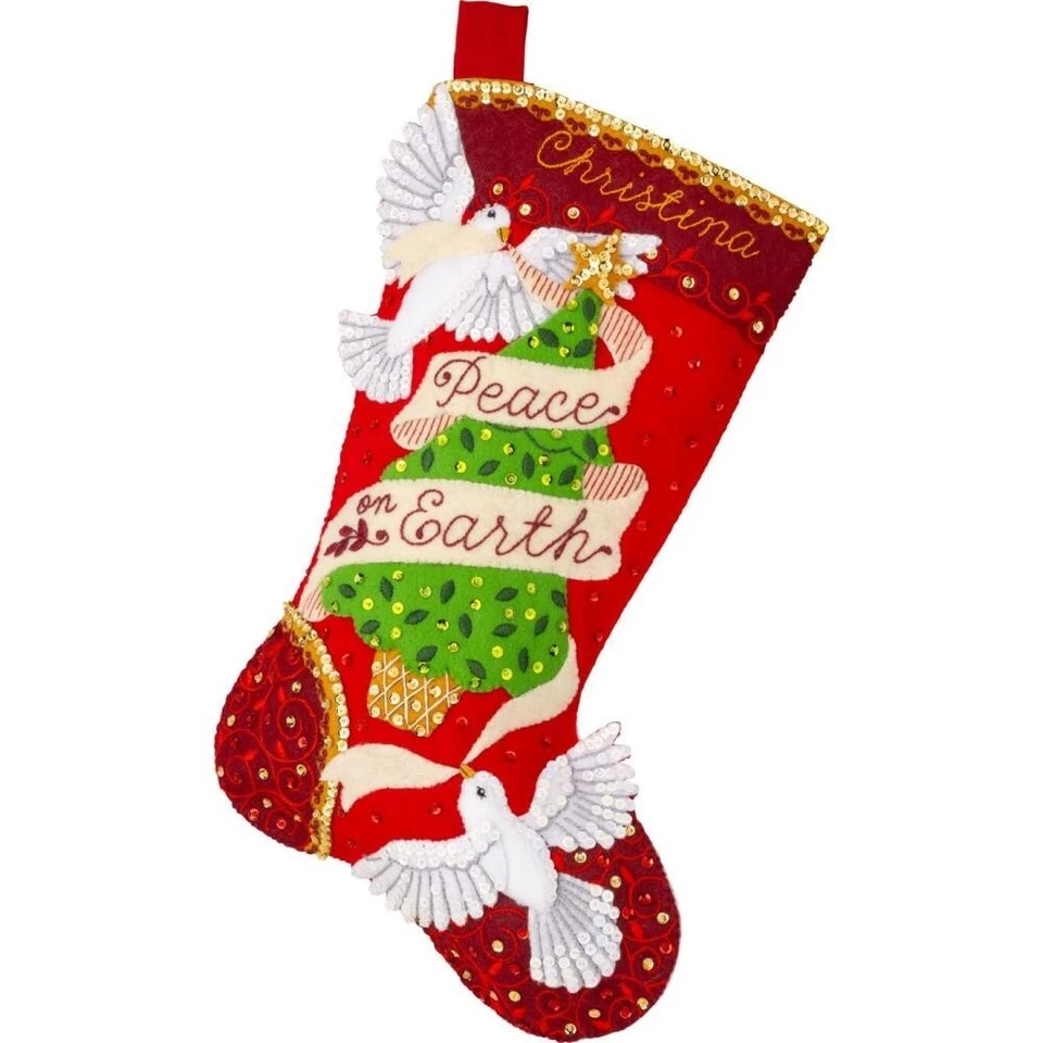 Bucilla Felt Applique Christmas Stocking Kit PEACEFUL DOVE 18 in