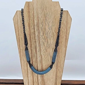 Vibrant Blue & Black Wooden Beaded Necklace - Picture 1 of 9