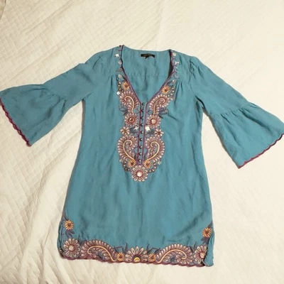 NANETTE LEPORE 4 вышитый Aqua синий льняной украшенный туника мини-платье пляж - Изображение 1 из 4