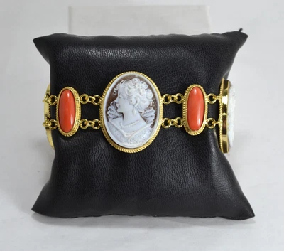BRACCIALE   ARGENTO 925 DORATO  CAMMEI  SARDONICO CORALLO CERASUOLO    AGRP 0170 - Immagine 1 di 4