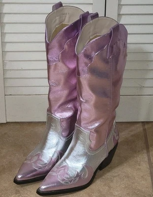 全新 Azalea Wang Hendrix 时尚女牛仔靴 粉色和银色 女式 尺码 US 6 — 第 1/4 张图片