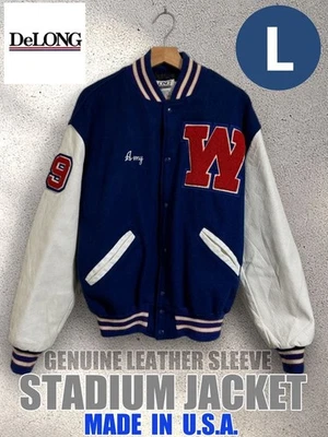Chaqueta DeLong Hecha en EE. UU. Manga de Cuero Estadio L Azul Blanco Forro de Lana Foto 1 de 4