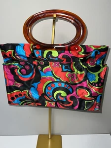 Vintage 60s Lady's Pride Folding Tote Bag Lucite Handle Paisley MCM Mod Retro - Picture 1 of 8
