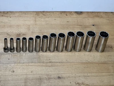 Snap On 214SFY 3/8" Drive 12-Point SAE 13 pc Flank Drive Deep Socket Set 1/4"-1" - Image 1 of 4