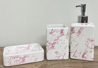 3-Piece Ceramic Bathroom Accessories Set - Pink - Dispenser, Holder, Dish - Image 1 of 4
