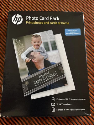 Genuine HP Photo Card Pack 10 Sheets 5 X 7 Glossy 10 New Envelopes & 5 4x6 Paper - Image 1 of 2