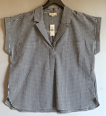 Nuevo con etiquetas Top Ann Taylor Loft Outlet Negro Blanco Gingham Seersucker Manga Corta Talla XL Foto 1 de 4