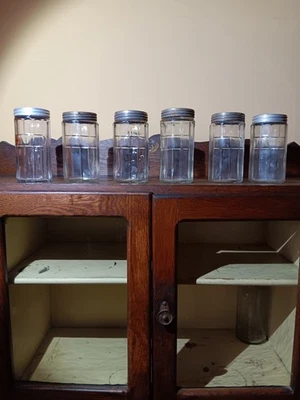 NICE LOT OF SIX ORIGINAL HOOSIER CABINET SPICE JARS COLONIAL STYLE - Image 1 of 4