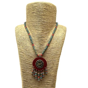Southwest Boho Style Handmade Wooden Beaded Round Pendant Tassels Necklace 12" L - Picture 1 of 7