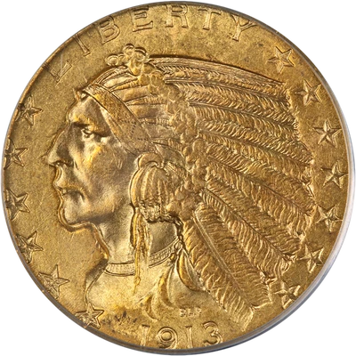 Oro indio 1913-P $5 OGH PCGS MS63 gran atractivo visual fuerte golpe Foto 1 de 4