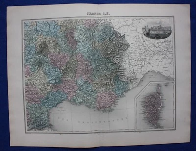Original antique map SOUTH EAST FRANCE, MARSEILLE, CORSICA, Migeon, 1891 - Image 1 of 4
