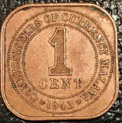WORLD WAR II ERA XF/AU 1943 MALAYSIA MALAYA ONE CENT COIN-SQUARE-OCT474 - Image 1 of 2