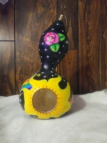 Hand Painted Gourd Birdhouse Rainbow Space Stars Roses Heart Music Notes Cover