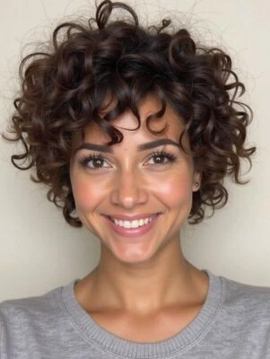 Peluca 100 % cabello humano marrón rizado sin encaje con flequillo para mujer uso diario Foto 1 de 2