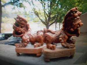 Pair Of Antique Chinese Wood Carved Statue / Sculpture Of Foo Dogs - Picture 1 of 11