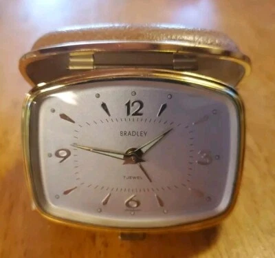 Vintage Bradley 7-Jewel Alarm Travel Clock - Made In Germany Gold Tone Case Nice - Image 1 of 4