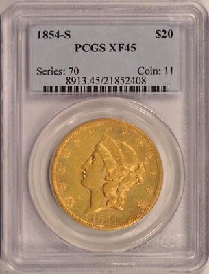 Moneda doble águila de oro Liberty de $20 1854-S graduación profesional XF-45 primer año SF como nueva $20 Foto 1 de 4