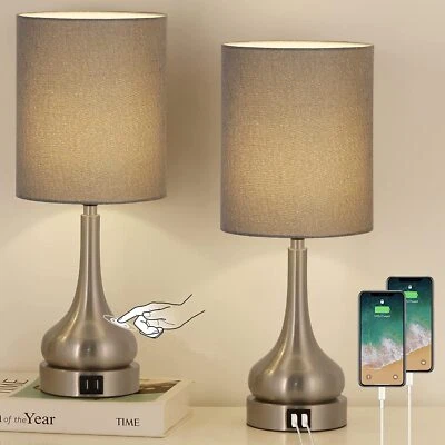 Set of 2 Touch Nightstand Bedside Table Lamp w/ USB Ports Bedroom Living Room - Image 1 of 4