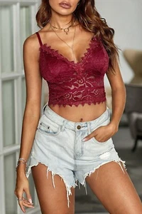 Fiery Red Deep V Lace Bralette Crop Top - Picture 1 of 14
