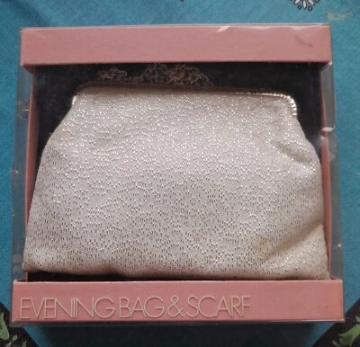 Juego de regalo bolso de noche y bufanda vintage. Bolso largo de lúrex plateado bufanda negra Foto 1 de 4