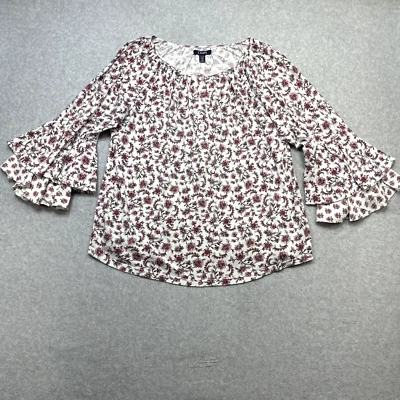 Chaps Top XL Pink Floral Henley Ruffle Bell Sleeve Boho Peasant Cottagecore - Image 1 of 4