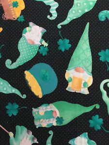 ST PATRICK'S DAY TOSSED LUCKY GNOMES ON BLACK BY BENARTEX COTTON Fabric 1/2 YD - Picture 1 of 8