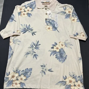 Paradise Blue Men LG NWT Polo Short Sleeves Beige W/Blue Leaf Tropical Print - Picture 1 of 13