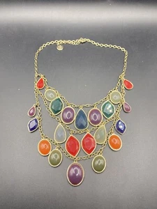 Liz Claiborne Multicolored Gem Statement Gold Tone Bib Necklace  - Picture 1 of 4