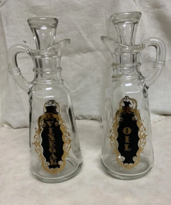 Botella Anchor Hocking Cruet con tapón - aceite y vinagre - etiquetas doradas negras - juego/2 Foto 1 de 4