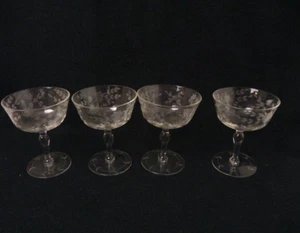 Set of 4 optic glass Vintage Clear engraved Crystal Wine Glasses 4.5" flowers  - Picture 1 of 8