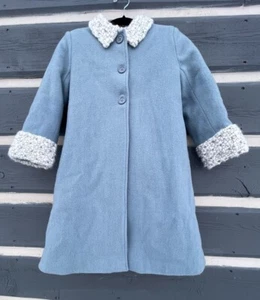 GORGEOUS Isabel Garreton Girls Blue Wool Coat Sz 6 Sheepskin Collar/sleeve Swing - Picture 1 of 18