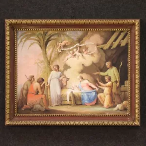 Dipinto tempera su carta adorazione pastori quadro religioso antico XIX secolo - Foto 1 di 12