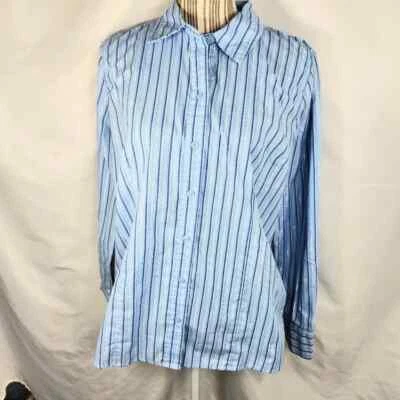 Basic Editions NWOT Blue wSilver Metallic Vertical Striped Button Down Top Large - Image 1 of 4