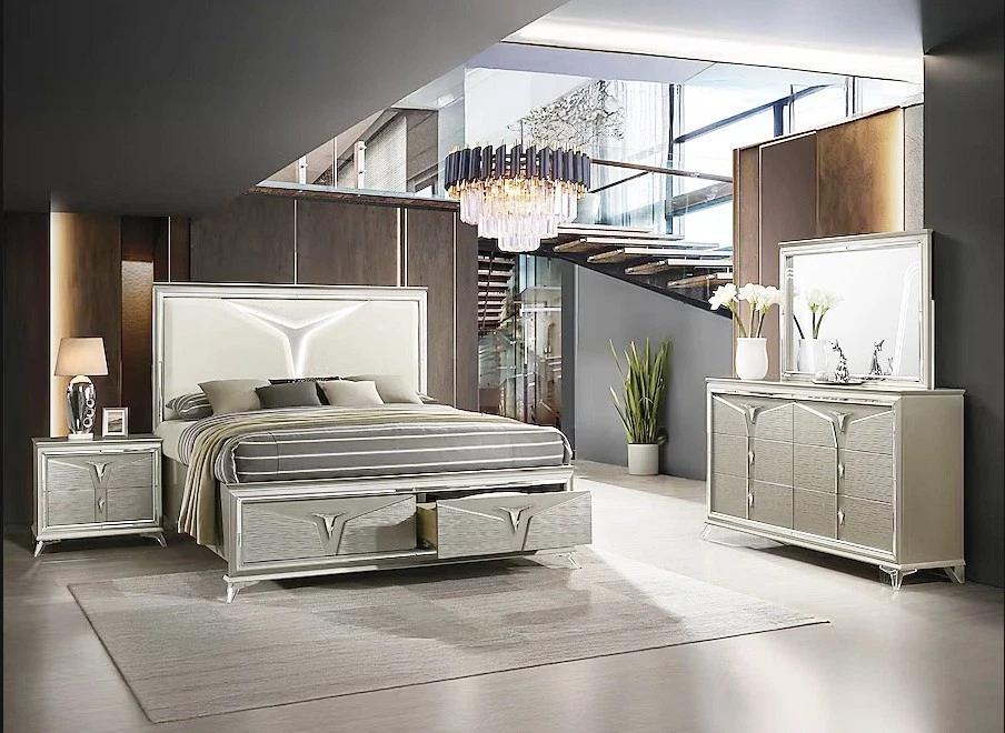 NUEVO Juego de Dormitorio 4 Piezas LED Champagne Dorado Queen King Muebles Modernos Glamour B/D/M/N Foto 1 de 4