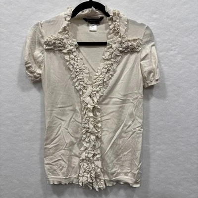 Cárdigan BCBGMaxazria Blanco Volantes Frontales Abotonados Manga Corta S Algodón Seda Foto 1 de 3