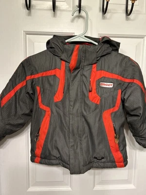 Boys’ jacket SPYDER size 4 zip pockets adj sleeve length detach hood gray/red EC - Image 1 of 2