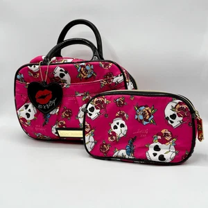 Betsey Johnson pink floral skulls weekender cosmetic travel bag and matching pou - Picture 1 of 13