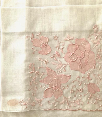 Pañuelo de Colección Madeira Rosa Bordado y Aplique en PoliAlgodón Nuevo de Lote Antiguo con Etiqueta de Lámina Dorada Foto 1 de 4